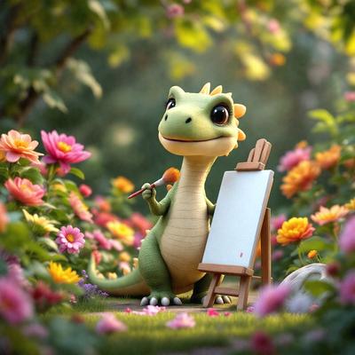 Primary subject: A cartoon dinosaur holding a paintbrush and standing in front of a canvas.

Setting/background: The dinosaur is surrounded by a field of flowers, creating a vibrant and colorful scene.

Visual style: The image is a digital artwork, featuring a cartoon dinosaur and a canvas.

Colors and mood: The colors are predominantly pink and yellow, creating a cheerful and lively atmosphere.